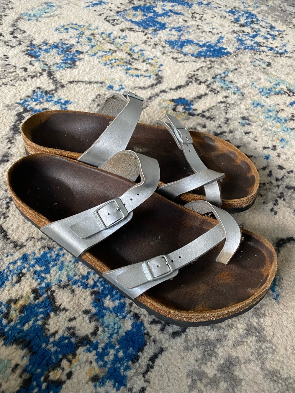 Birkenstock Silver Double-Buckle Leather Slide Sandals